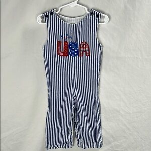 Lil Cactus Blue and White Striped USA Patriotic Applique Jumpsuit -Size 18-24m